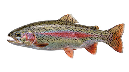 Naklejka premium Detailed rainbow trout freshwater fish with vibrant red stripe, speckled body, and orange fins, isolated PNG on transparent background