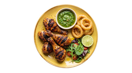 Grilled chicken drumsticks, crispy onion rings, green sauce, and fresh salad with lime, isolated on a yellow plate, overhead view PNG