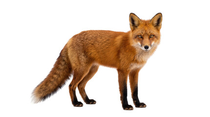 Fototapeta premium Beautiful red fox standing, its vibrant fur and alert eyes captured in a detailed full-body portrait, isolated PNG on transparent background