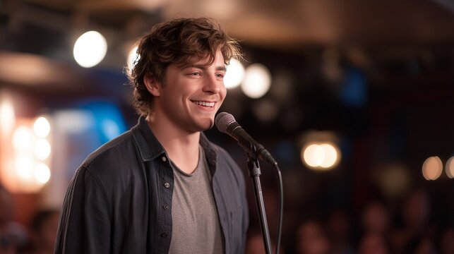 Deaf comedian performing stand up routine using ASL, expressive face and animated signing, interpreter visible stage side, diverse audience laughing in packed comedy club, spotlight creating