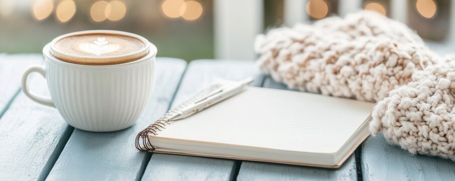 Cozy Coffee Break Latte art in white mug, open notebook and pen on blue wood, with warm blanket and bokeh. Ideal for winter journaling and comfort. ,Hygge,Relaxation