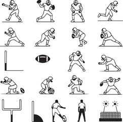 American Football Player Icons and Equipment Vector Illustration Set