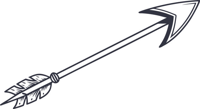 Black and white of a throwing spear with feathers arrow feathered spear
