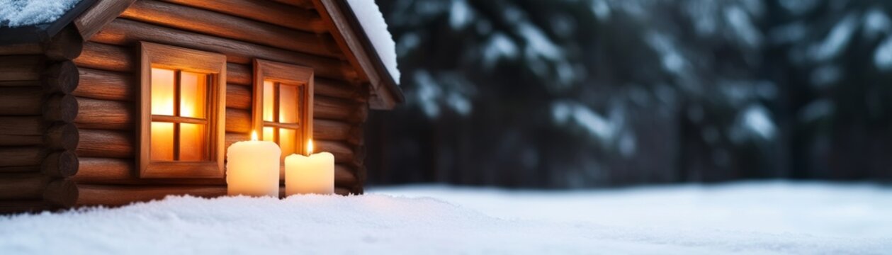 Cozy log cabin at dusk, warm glow from windows and candles in deep snow, blurred winter forest backdrop, serene holiday scene. winter, cozy