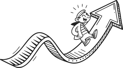 Hand drawn cartoon character running up a wavy upward arrow doodle black and white