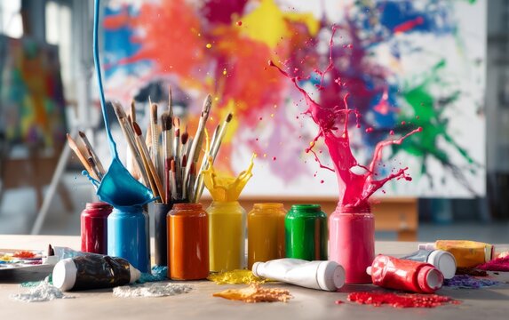 Colorful Art Supplies with Paint Tubes and Brushes on Creative Workspace