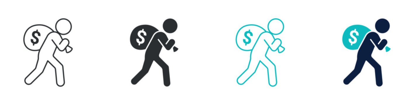 Money theft icon set, thief stealing money bag robbery crime symbol, outline and solid and color style. Vector illustration.
