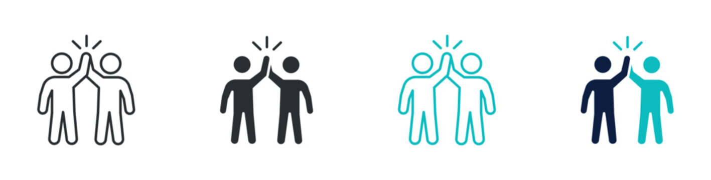 Team high five icon set, partnership teamwork success celebration symbol, outline and solid and color style. Vector illustration.