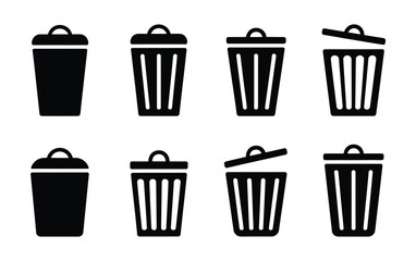 Waste bin icon collection with lid open and closed, solid and outline style icons, vector illustration isolated on light background for garbage