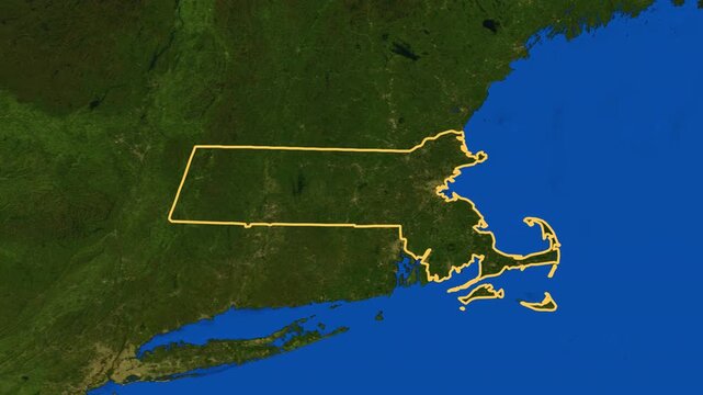 Massachusetts high resolution 4k satellite earth map zoom cinematic animation 3d drop shadow highlighting American state borders for US travel tourism geography and geopolitical 