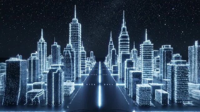 Futuristic glowing digital city skyline under a starry night sky