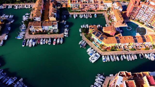 Multiple docks with moored boats and yachts in a residential harbor area. Top down aerial view of a complex marina harbor in Spain. Tiled European roofs.