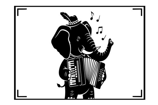 Festive Elephant Playing Accordion Folk Music Polka Party Animal Musician Safari Celebration Black Vector