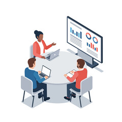 Fototapeta premium Business meeting with charts on screen, team collaborating around table with laptops