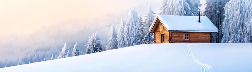 Fototapeta premium Rustic log cabin on a pristine snowy peak amidst frosted evergreen forests, with winding ski tracks. Bathed in soft golden sunrise light, a peaceful winter retreat. Cozy, Serene