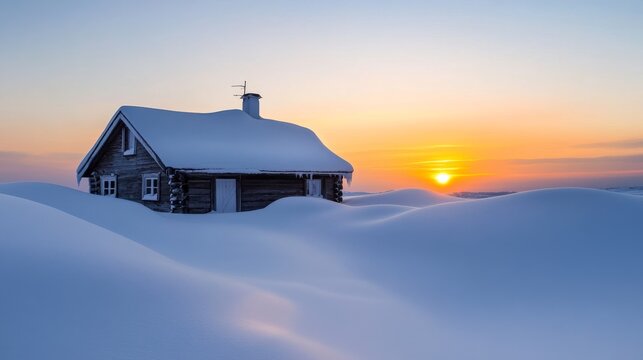 Snow-covered log cabin amidst undulating white drifts, bathed in a serene winter sunset's golden glow, capturing remote tranquility. Winter, Solitude