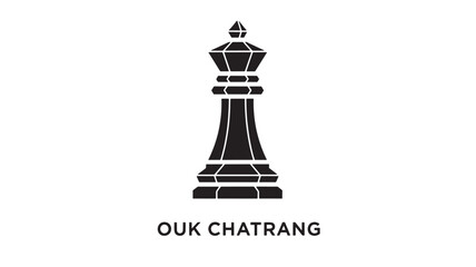 A black chess king piece with white lines on a plain white background, accompanied by the text OUK CHATRANG, representing strategy and focus in a minimalist design.
