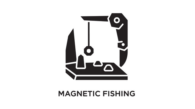 A black and white graphic illustration of a magnetic fishing game on a table, indoor setting, fun and educational toy for kids, learning through play, recreational activity.