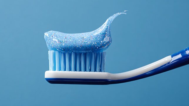 Blue gel toothpaste on toothbrush against blue background