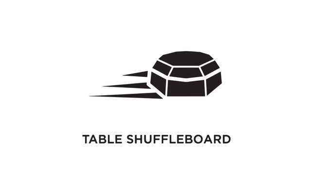 A sleek black and white graphic of a table shuffleboard game, depicted in a dynamic motion style, set against a clean white background, ideal for illustrating indoor games or recreational activities.