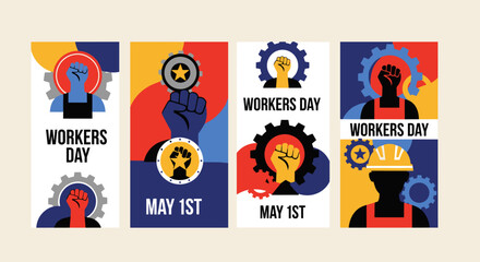 Fototapeta premium Vibrant Banners Celebrate Work and Unity in Bold Abstract Design for May Day