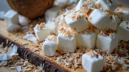 Fototapeta premium Extra marshmallows and toasted coconut flakes sprinkled generously, playful texture contrast, bright family picnic scene