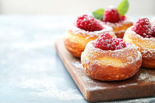 Artisan Popovers Displayed on Wooden Board with Fresh Raspberries