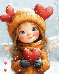 Naklejka premium Romantic Valentine's Day Angel with Hearts and Snow