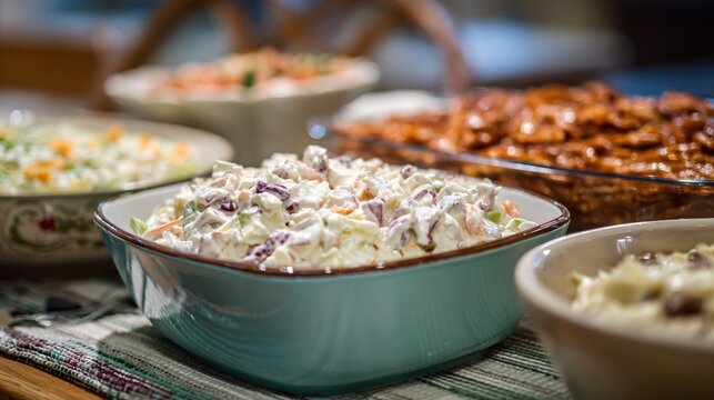 Frog eye salad classic american table, placed alongside casseroles and gelatin salads, nostalgic midwestern potluck vibe