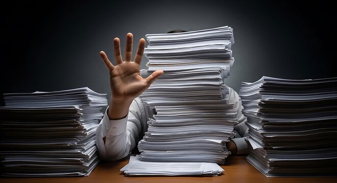 Overwhelmed individual submerged by massive paper stacks, extending a hand to halt further additions