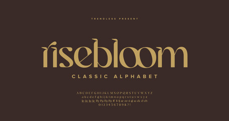 Plakat Rise Bloom: Elegant decorative serif typeface with soft romantic character. Features full alphabet, numerals, ligatures, and stylistic alternates. Ideal for invitations, branding, packaging.