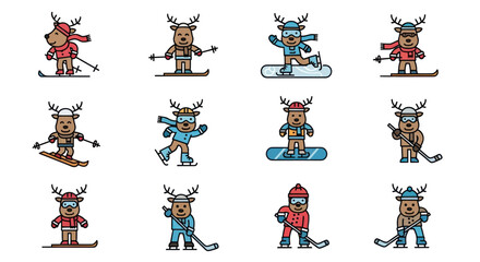 Set of cute cartoon reindeer characters enjoying winter sports like skiing snowboarding and hockey. © Abang