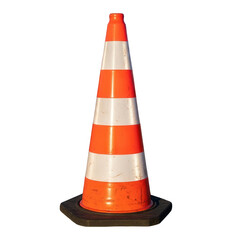 Traffic cone with orange and white stripes isolated on transparent background
