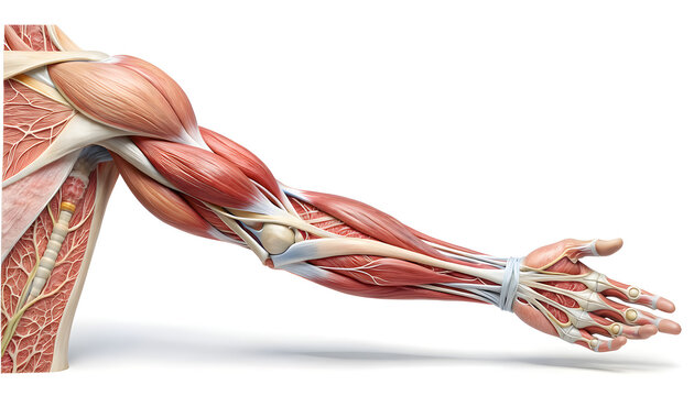 The human arm showcases detailed muscular and skeletal anatomy in a neutral position anatomical illustration of human arm with muscle fibers