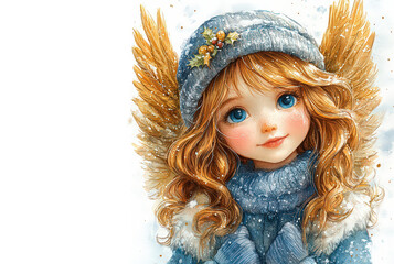 Naklejka premium Christmas angel in watercolor style with delicate feather wings, in muted natural tones. Christmas, New Year