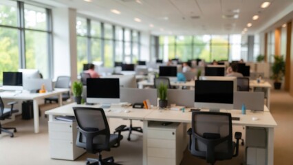 Modern office space with rows of workstations