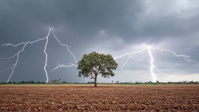 A solitary tree stands in a rural field as powerful lightning bolts strike during a storm.