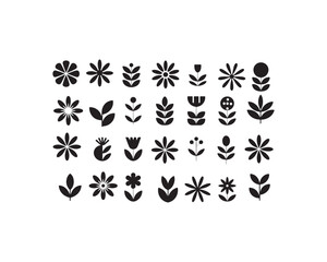 Fototapeta premium Collection of Black Silhouette Floral and Leaf on White Background Representing Nature and Botanical in a Simple Style