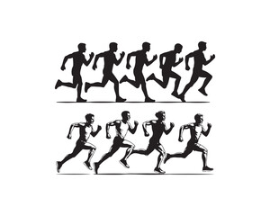 Fototapeta premium Dynamic black silhouette figures of male runners in mid-stride, showcasing athletic motion and speed in two distinct rows on a