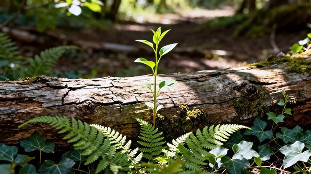 Young plant growing on a log