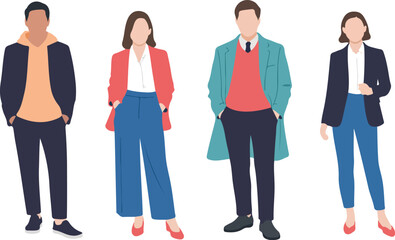 Obraz premium Business people standing together full body illustration, diverse professionals in office wear and casual outfits