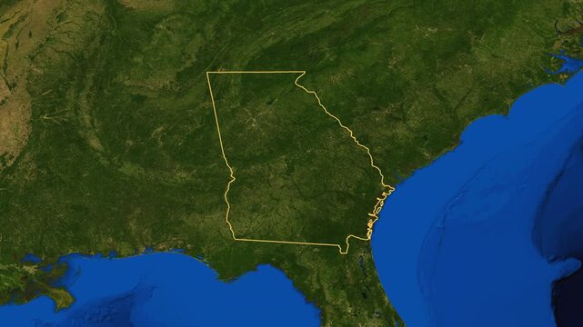Georgia high resolution 4k satellite earth map zoom cinematic animation 3d drop shadow highlighting American state borders for US travel tourism geography and geopolitical national news broadcast