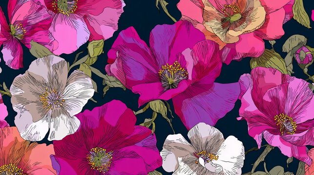 Hand-drawn, unique flowers form repeating designs.  These floral patterns suit fabric, clothes, walls, and more.