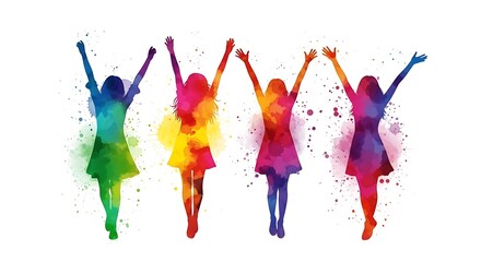 Obraz premium Silhouette figures of women in colorful watercolor forms with arms raised, on a white backdrop