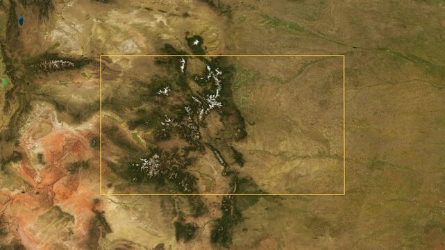 Colorado high resolution 4k satellite earth map zoom cinematic animation 3d drop shadow highlighting American state borders for US travel tourism geography and geopolitical national news broadcast