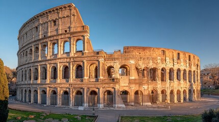 Obraz premium Rome's ancient Colosseum, a major Italian landmark, stands beautifully in the morning light. Its impressive architecture makes it a top attraction.