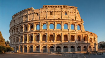 Fototapeta premium Rome's ancient Colosseum, a major Italian landmark, stands beautifully in the morning light. Its impressive architecture makes it a top attraction.
