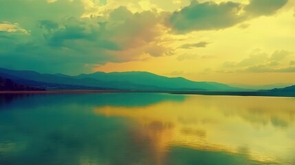 Fototapeta premium A tranquil lake reflects the vibrant colors of a cloudy sunset over distant mountains, creating a stunning natural panorama.