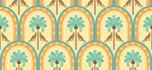 Vector Hand drawn colourful geometric flowers ,palm tree, seamless patterns for fabric tropical Pattern, textiles, clothing, wrapping paper, backdrop, banner.   © nongnuch_l
