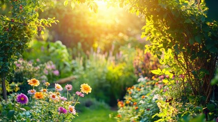 Fototapeta premium A sun-drenched garden bursting with vibrant flowers and lush green foliage, embodying natural beauty and growth.